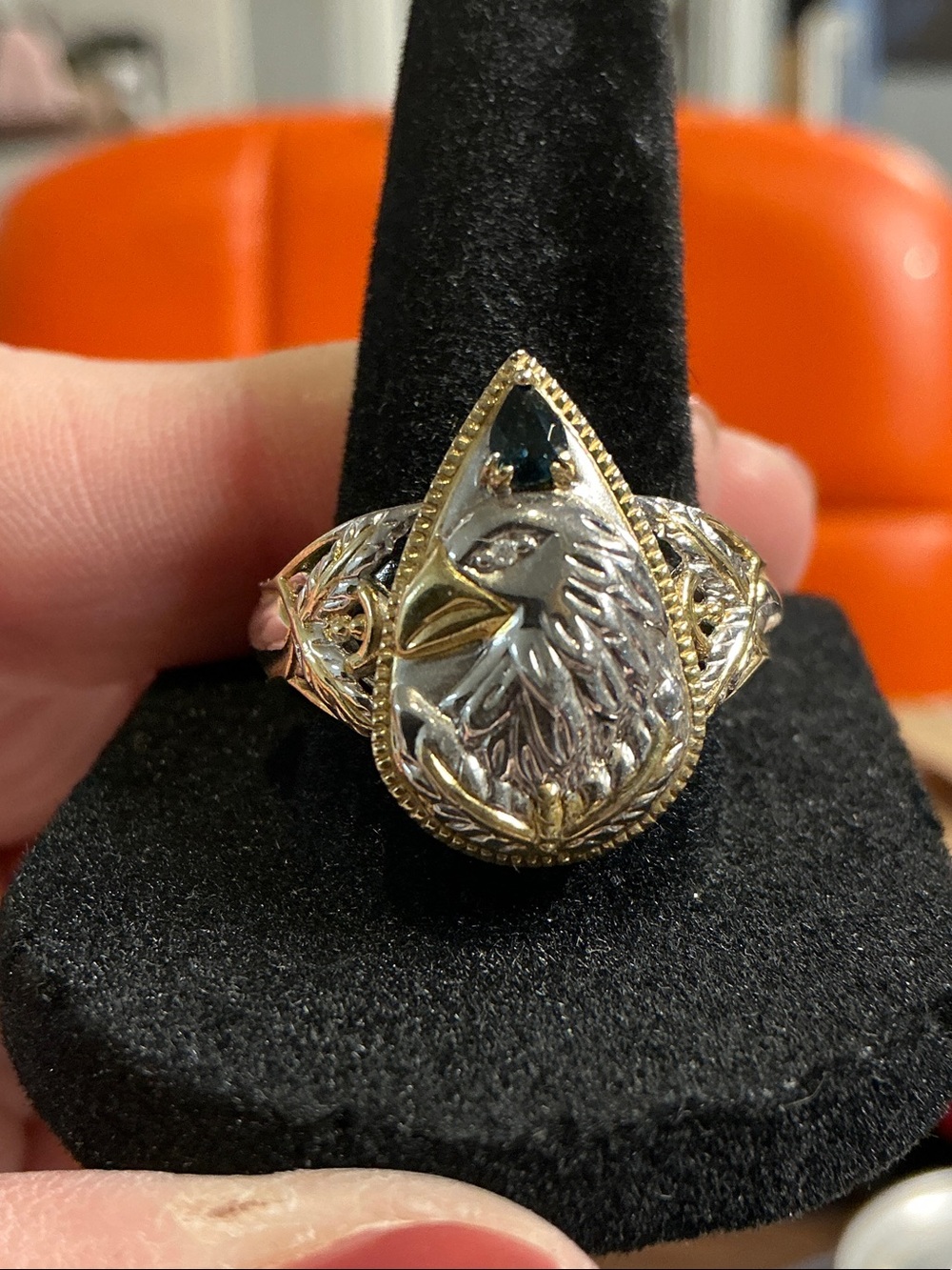 Vintage-Style Eagle Teardrop Ring in Gold & Silver with Blue Accent